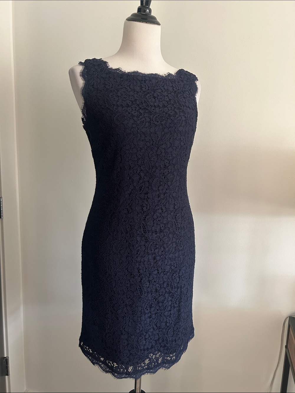 Adrianna Papell 8 fitted zip back Classic Navy Lace Sheath Dress